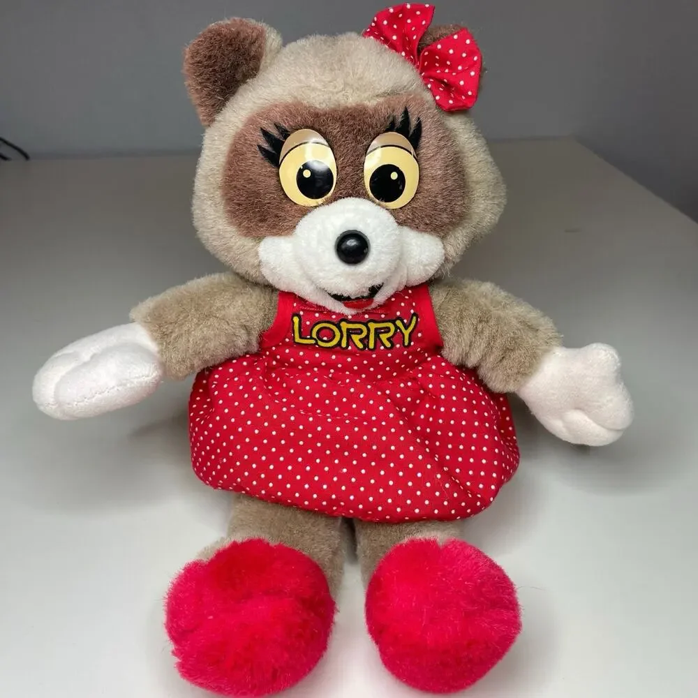 Vintage Lotte World Lorry Raccoon Plush 11” Red Dress Girl Stuffed Animal Korea